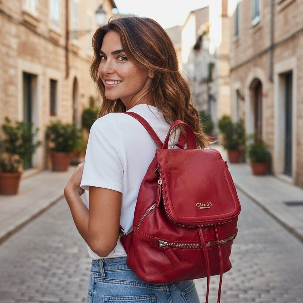 Guess Luxe by Marciano Genuine Leather Backpack Bag Sac Chunky Metal Zip Group